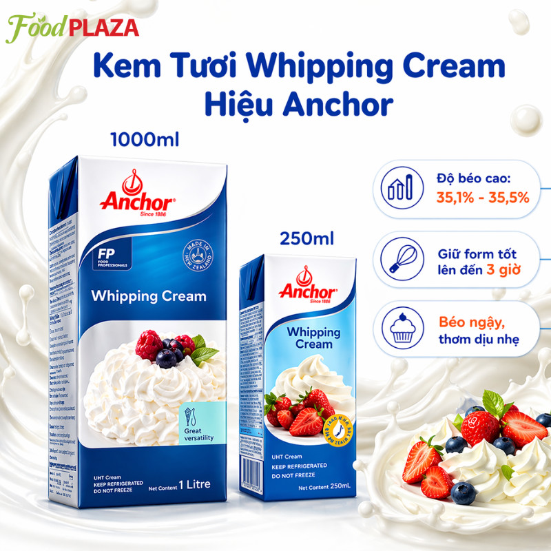 (HỎA TỐC) Kem Tươi Whipping Cream Anchor 1L Và 250Ml  Béo Mịn, Đánh Bông Dễ, Làm Bánh & Pha Chế Chuẩ