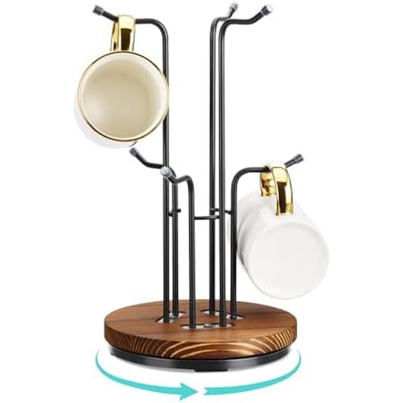 HULISEN 360° Rotating Mug Tree for Large Cups, Counter Coffee Mug Holder with 6 Hooks, Metal Coffee 