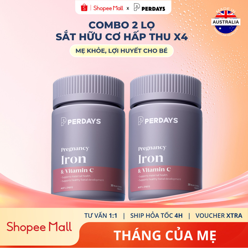 [COMBO 2 LỌ] Sắt Perdays & vitamin C cho mẹ bầu - Sắt bầu Perdays bổ sung sắt, người thiếu máu