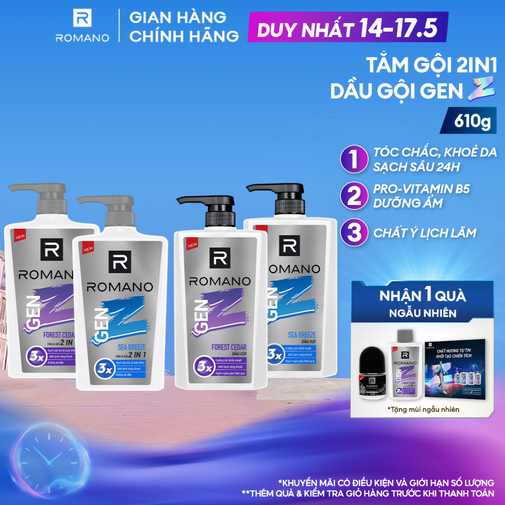Tắm gội cho nam 2in1 cho nam / Dầu gội nam Romano Gen Z hương Sea Breeze/ Forest Cedar 610g / chai -
