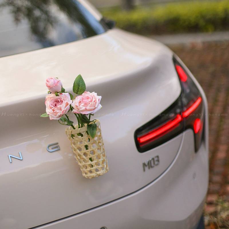 Car Tail Bamboo Basket French Burnt Edge Rose Bouquet Decorations Automobile Sticker Tail Box Velcro