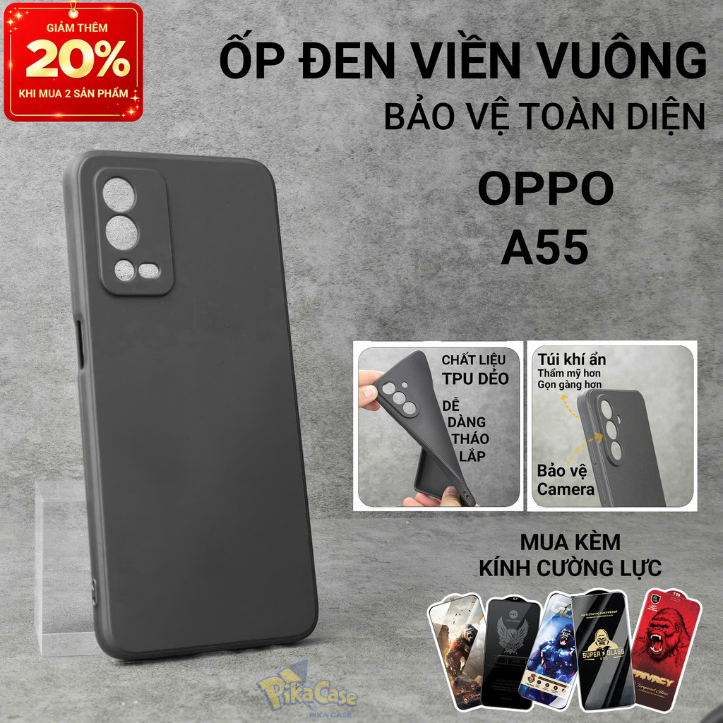 Ốp lưng Oppo A55 4G, A55 5G Pikacase trơn màu đen | Ốp điện thoại Oppo dẻo bảo vệ camera đt toàn diệ