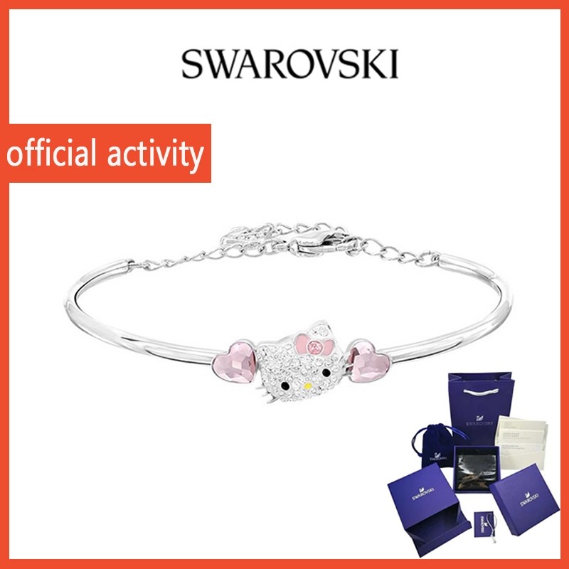 87L Swarovski Vòng Tay HELLO KITTY Trái Tim Vòng Tay Nữ Bạc Sterling Có Thể Điều Chỉnh Vòng Tay Nữ T