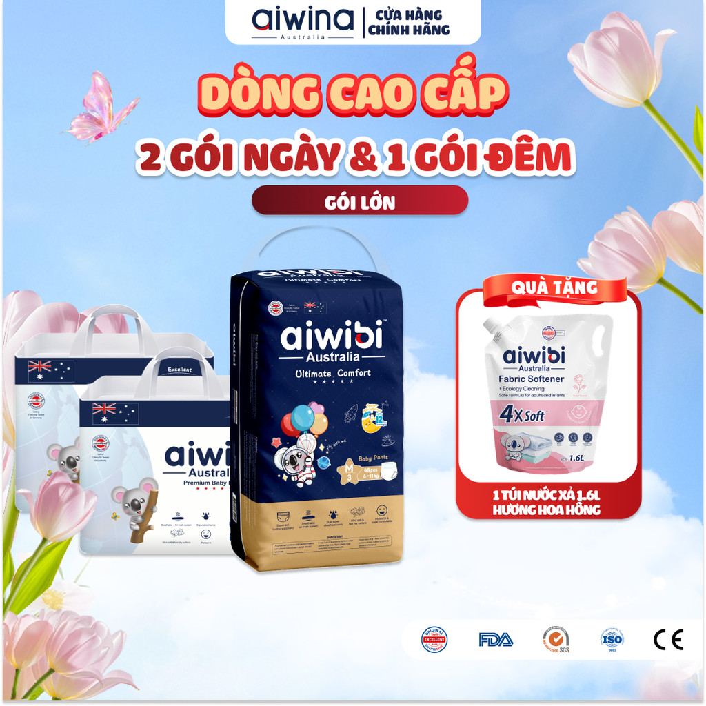 [Combo Ngày & Đêm] Tã/Bỉm Quần Cao Cấp Aiwibi Cho Bé Siêu Thấm Hút - 2 Gói Ngày Lớn + 1 Gói Đêm Lớn