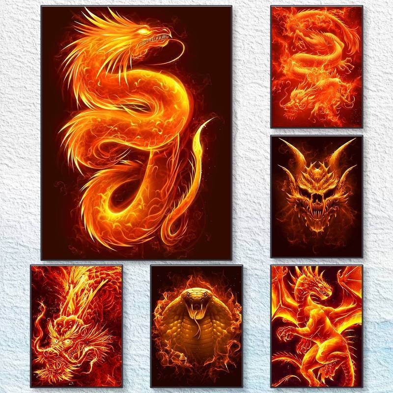 Chống Thấm Nước Không Khung Rồng Lửa Canvas Treo Tường Nghệ Thuật Rồng Trung Quốc Cobra In Trang Trí