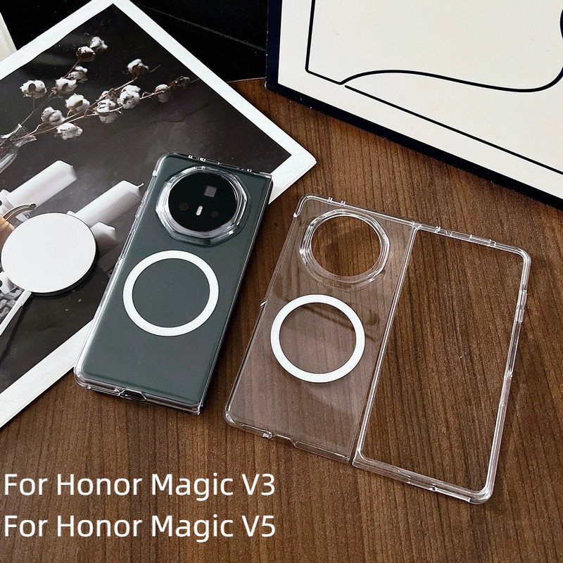 Dành Cho Honor Magic V3 V5 V 5 Ốp Lưng Sang Trọng Trong Suốt PC Cứng Lật Từ Tính Vỏ Điện Thoại Dành 
