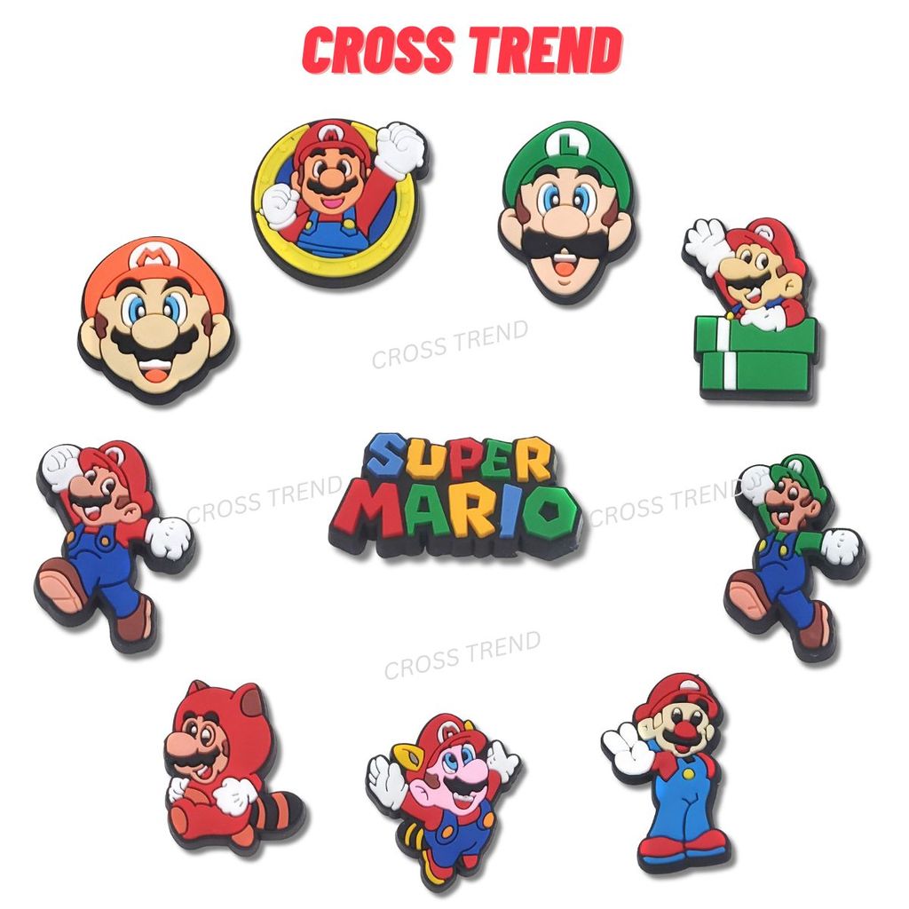 Set charm gắn dép cross MARIO, Nút gắn sticker dép cross trang trí cham 2D hoạt hình CROSS TREND