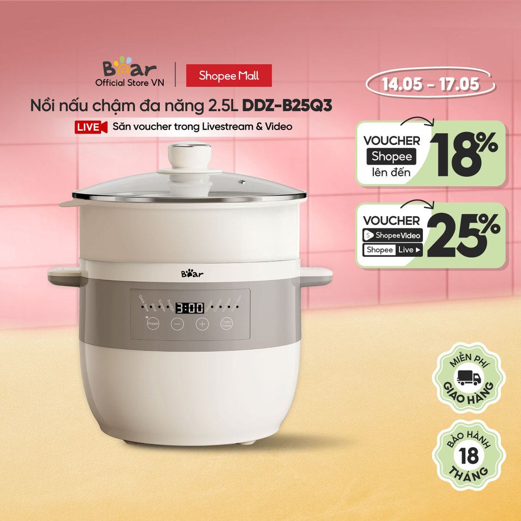 Nồi Nấu Chậm 2.5L Đa Năng Bear DDZ-B25Q3 (KÈM XỬNG HẤP) - Hàng Chính Hãng