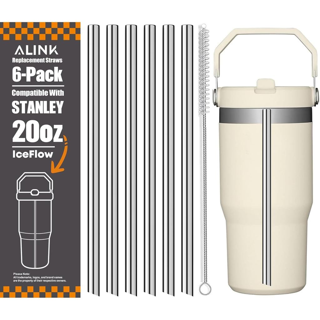 Ống hút bằng thép không gỉ ALINK Tương thích với cốc lật Stanley Iceflow 20oz, 6 gói Ống hút kim loạ