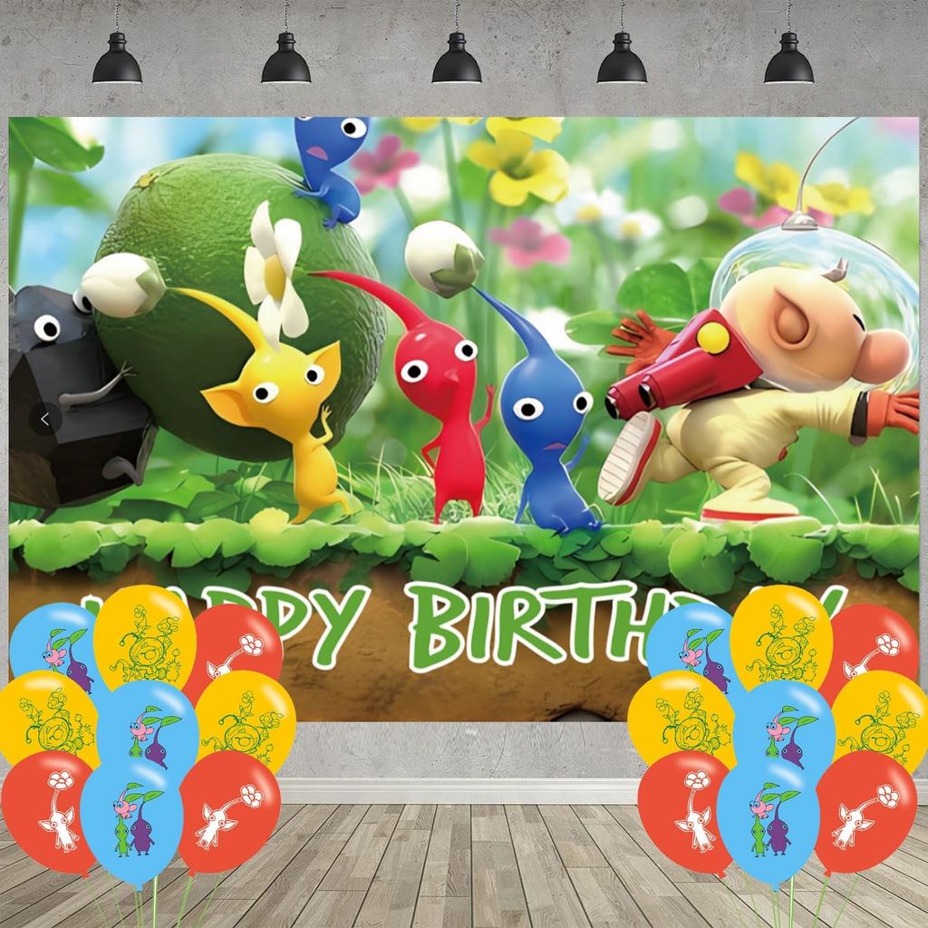 Trang trí tiệc sinh nhật Pikmin, Nền ảnh tiệc Pikmin 5 x 3 FT và 18 chiếc Bóng bay, Đồ dùng phông nề