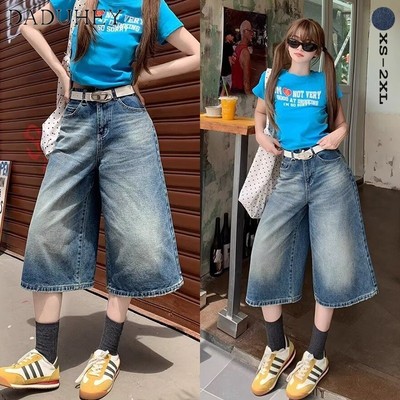DaDuHey American Retro High Waist Short Jeans Women's Loose Slimming Straight Cut Casual Pants