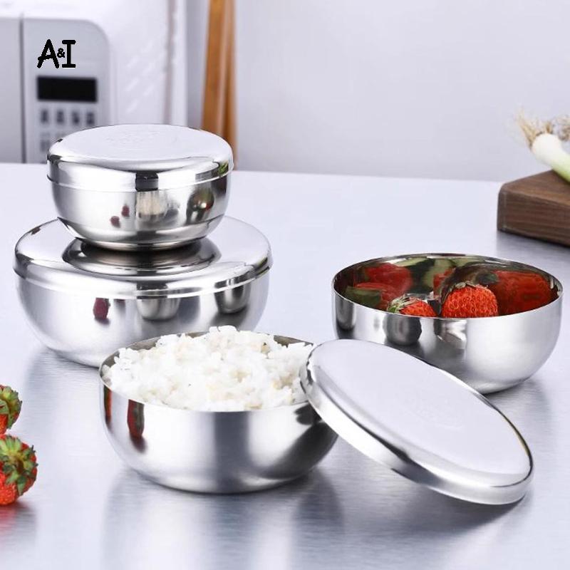 Bát Inox AI Bát Cơm Nấu Lớn Hàn Quốc Có Nắp Bát Cơm Hấp Một Lớp Trẻ Em Chống Bỏng / Thu Bộ Đồ Ăn VN