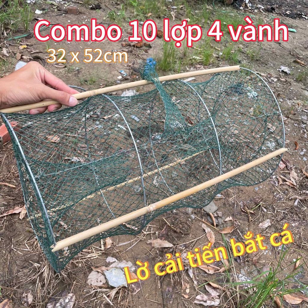 Combo 10 lợp bắt cá, lờ cải tiến loại 4 vòng Kèm 30 cây chống, kích thướt 32cm dài 52cm, Lờ cá lóc, 