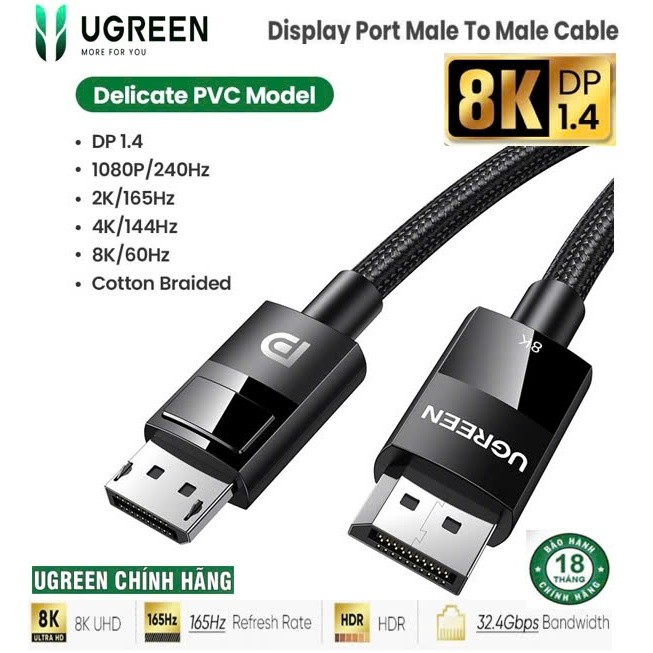 Cáp Displayport 1.4 Ugreen 8K@60Hz 4K@144Hz HDR10 DP114 3D/HDR DP to DP 32,4Gbps dây bọc dù