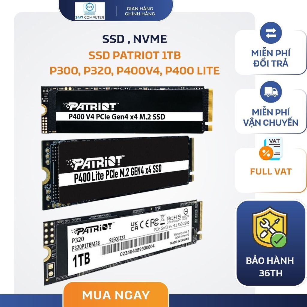 Ổ cứng SSD Patriot P300, P320, P400v4, P400 Lite  1TB M.2 2280 PCIe Gen3 x4 - BH 60 tháng