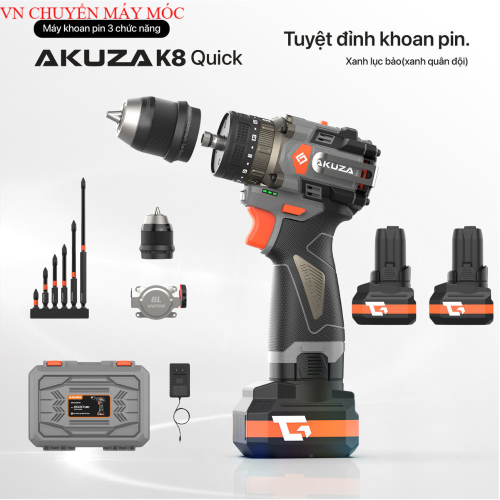 Máy Khoan Pin AKUZA K8 QUICK Đầu 4 trong 1 - Có Búa  - Mắc gài kim loại - đầu kẹp auto lock VN CHUYÊ