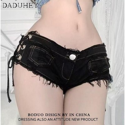 DaDuHey Summer New European and American Fashion Tie Sexy Hot Girl Low Waist Ripped Jeans Denim Shorts Hot Pants Super Short Shorts