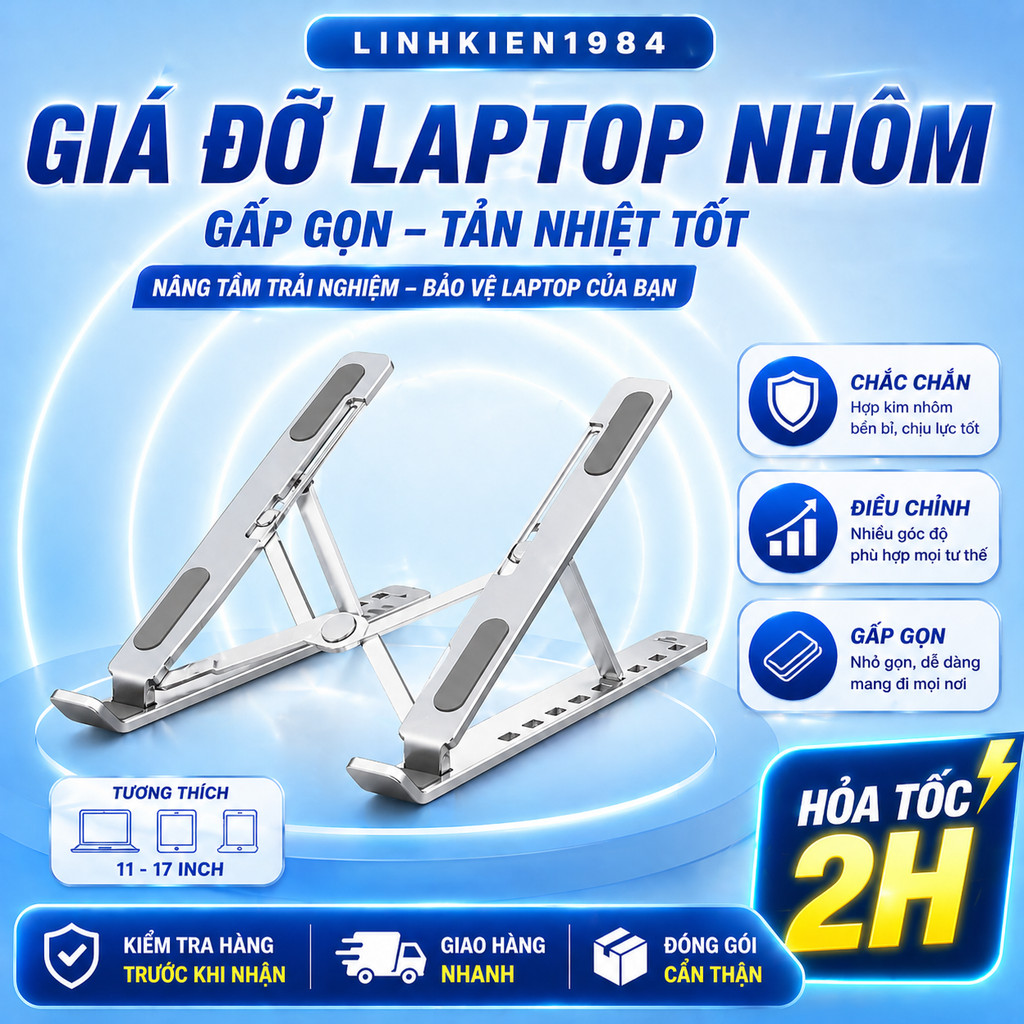 Giá Đỡ Laptop Hợp Kim Nhôm, Kiêm Đế Tản Nhiệt Laptop, Macbook, Ipad Có Thể Gấp Gọn, Điều Chỉnh Độ Cao