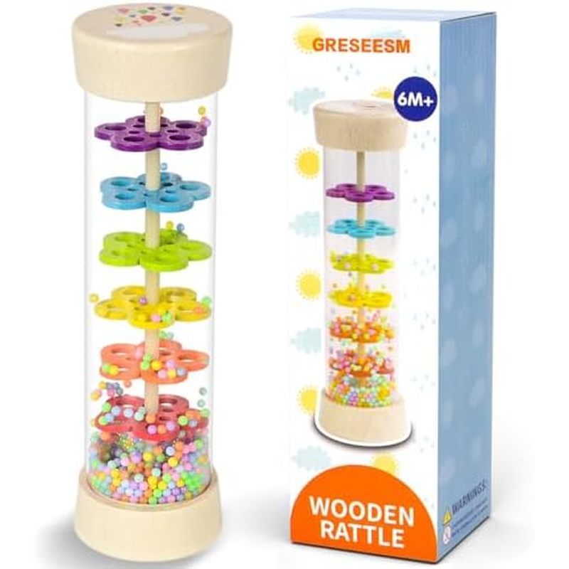 Rain Stick, Montessori Baby Toys for 6-12 Months 1 Year Old, Baby Rattle Wooden Sensory Toys, 7.7” R