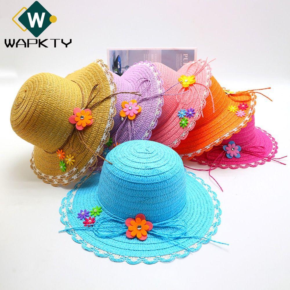 Mũ Rơm WAPKTY, Mũ Chống Nắng Vành Rộng 3-7Year, Mũ Xô Trang Trí Hoa Handmade Ngọt Ngào Du Lịch