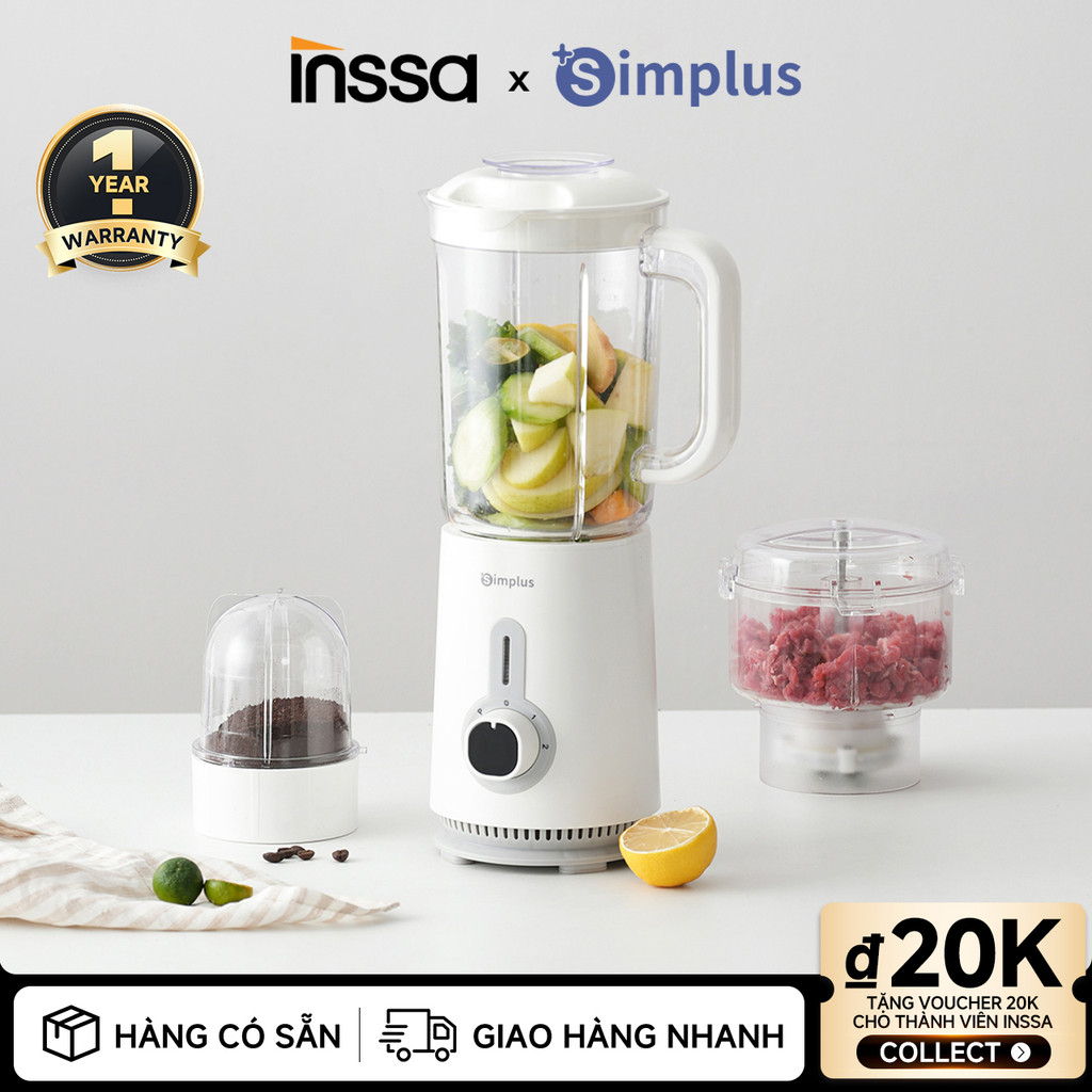 Máy Xay Sinh Tố Đa Chức Năng Inssa × Simplus 1.25L - Công suất lớn 380W - 3 cối đa dụng - Lưỡi dao t