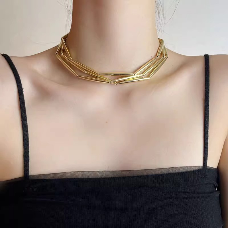 Handmade metal tubular splicing18K Necklace ins Minimalist and cool style bamboo joint layered fashi