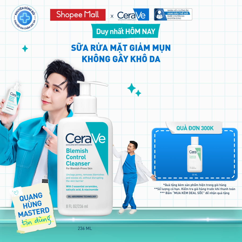 Sữa rửa mặt giảm mụn không gây khô da, không gây tổn hại bảo vệ hàng rào da - CeraVe Blemish Control Cleanser 236ml