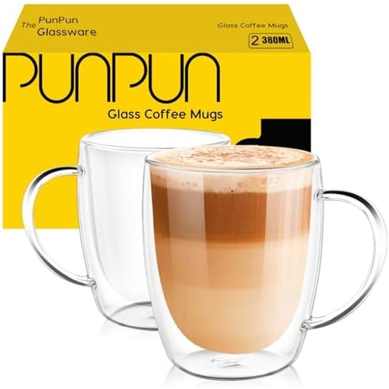 PunPun Coffee Cups Clear12.9OZ. 380ml Coffee Mugs, Espresso Cups,Double Wall Milk Cup with Big Handl