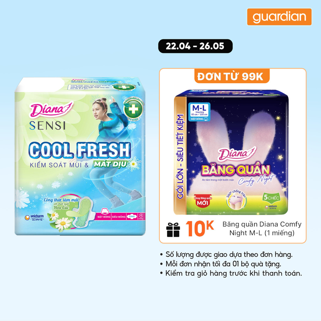 Băng Vệ Sinh Diana Sensi Cool Fresh Mát Dịu Siêu Mỏng Cánh 8 Miếng