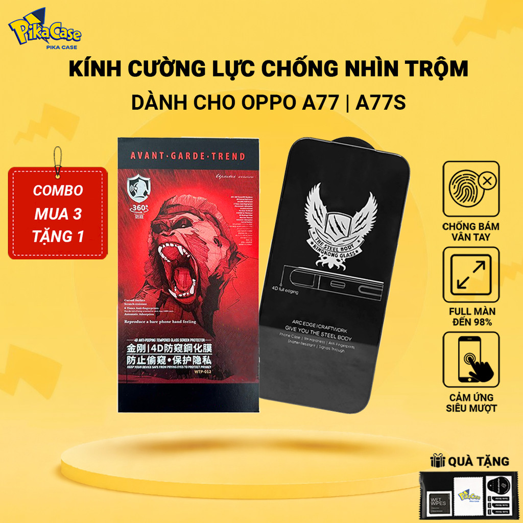 Cường lực Oppo A77s, A77 Pikacase chống nhìn trộm  full màn | Miếng kính dán bảo vệ màn hình cho opp