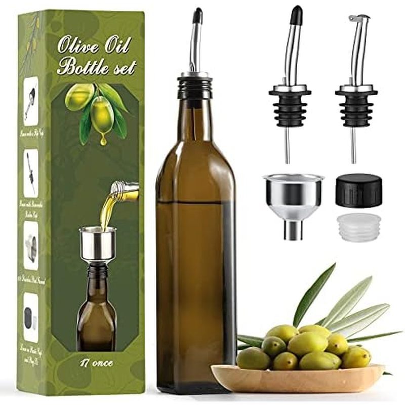 AOZITA 17oz Glass Olive Oil Bottle Dispenser - 500ml Green Oil and Vinegar Cruet with Pourers and Fu