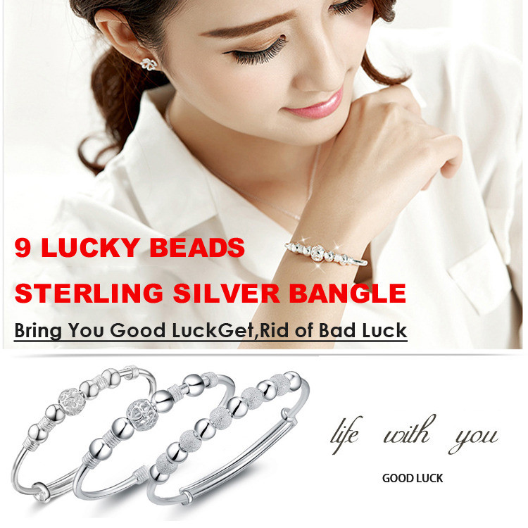 [Elegant Design] 9 Lucky Beads Sterling Silver Bangle Lucky Beads Bracelet/Silver Jewelry