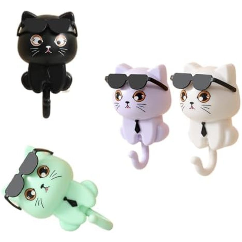 Cat Key Holder for Wall with Sunglasses, No Drill Adhesive Hooks 4 Pack for Keys, Hats, Coats & Towe
