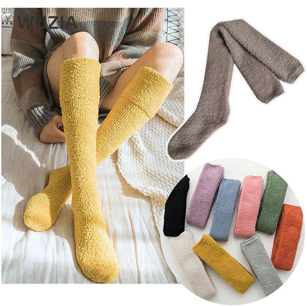 WUZIA San Hô Nhung Tất Mùa Đông Ấm Áp Mềm Mại Màu Nguyên Chất Thời Trang Nữ Dày Lông Tơ Cosy