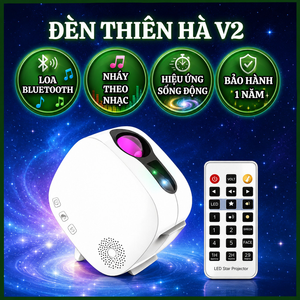 Đèn thiên hà V2 Loa bluetooth thế hệ mới, Chiếu bầu trời sao, vũ trụ, vân mây đổi màu, đèn vũ trụ V2