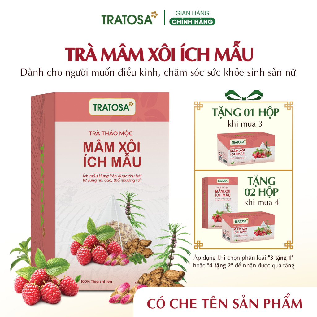 Trà mâm xôi ích mẫu Hưng Yên TRATOSA 10 vị thảo mộc, tốt cho điều kinh, IVF,UIU an toàn từ thiên nhi