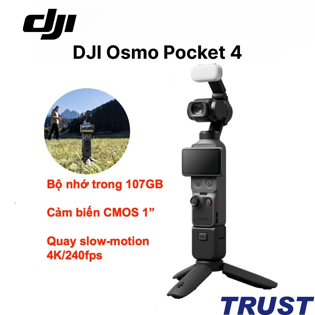 Camera DJI Osmo Pocket 4 - Quay video 4K, ActiveTrack 7.0, CMOS 1-inch, 107GB Bộ nhớ trong - BH 12T