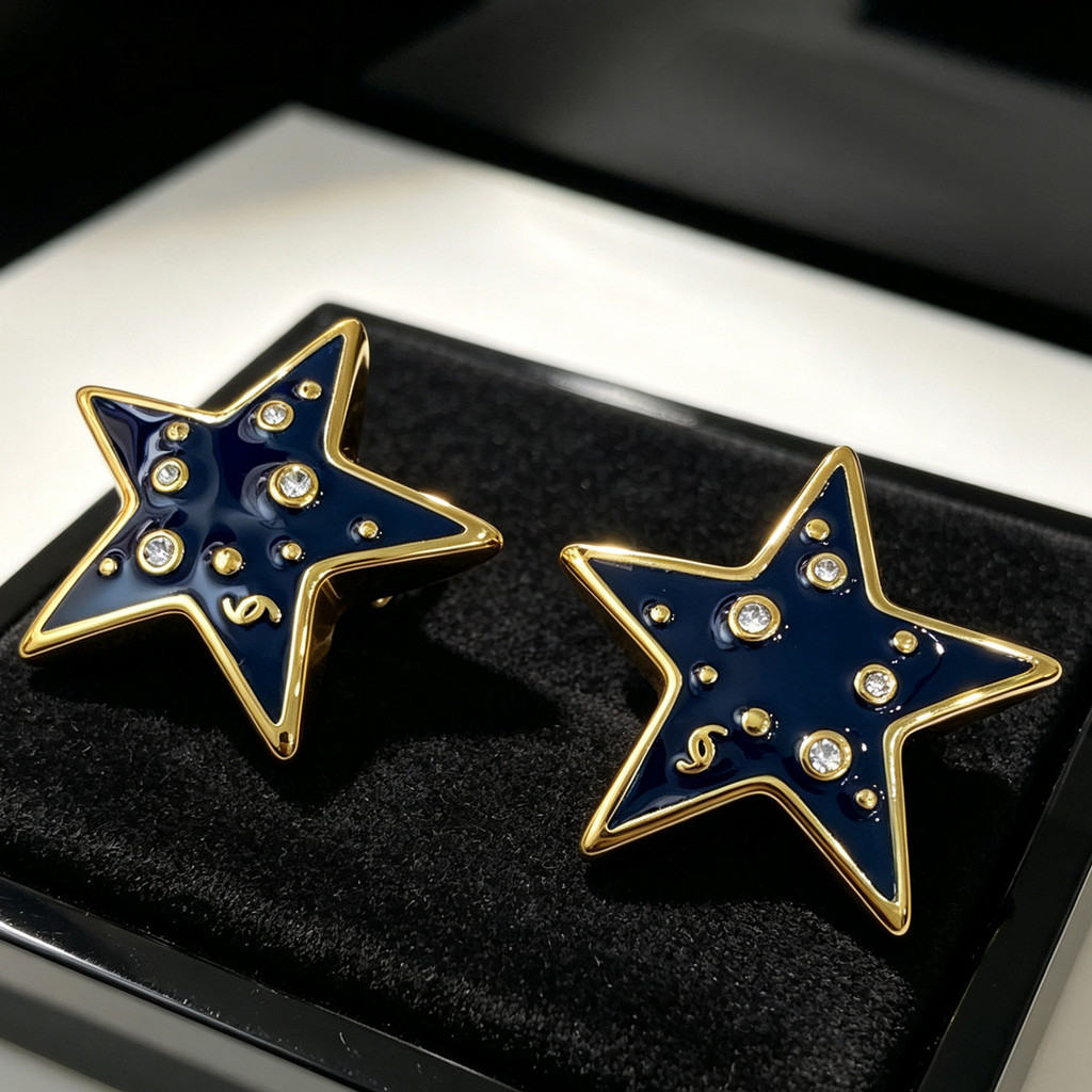 26S New style earrings with pentagram and denim enamel, stylish and sophisticated ins