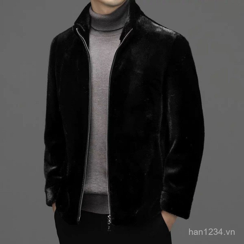 Men's full mink fur coat, Haining winter faux mink fur warm hooded jacket, fleece-lined thickened fu