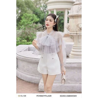 Áo sơ mi lưới ghi sáng phủ bèo ngực nơ cổ thiết kế Elise FF2406074TLLAGR