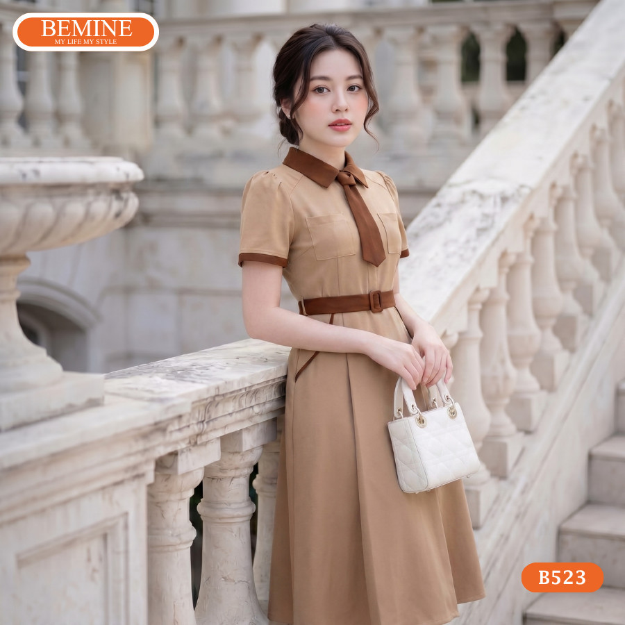Đầm thiết kế BEMINE cổ đức phối cavat dáng chữ A phù hợp đi làm-B523