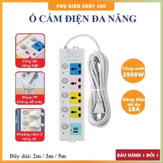 Ổ Cắm Điện 5 Mét USB Đa Năng Cao Cấp Chống Giật, 2 Cổng Cắm USB Có Chốt An Toàn, Ổ Điện Đa Năng.