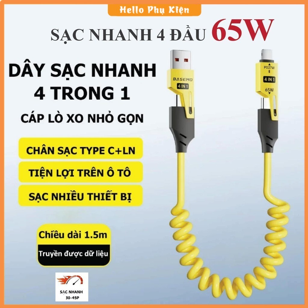 Dây sạc nhanh 4 đầu 65W. Cáp sạc 4 in 1. Cáp sạc lò xo đầu cáp kim loại. Cáp sạc điện thoại, Dây sạc