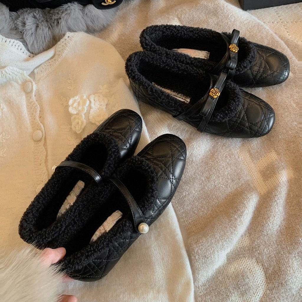 Sheepskin Version~Furry shoes, comfortable single shoes, non-slip diamond-patterned pearl camellia f