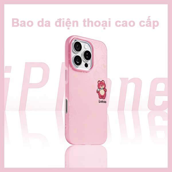 Ốp Lưng iPhone Gấu Hồng Lotso Dễ Thương Nền Hồng Đáng Yêu  iP 11/12/13/14/15/16/17/Plus/Pro/Max