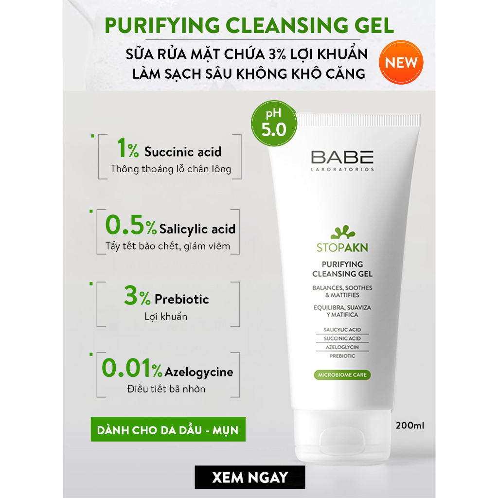 Bộ đôi Làm Sạch Và Dưỡng Ẩm Kiềm Dầu BABE Stop AKN Purifying Cleansing Gel + Mattifying Fluid 50ml | BigBuy360 - bigbuy360.vn