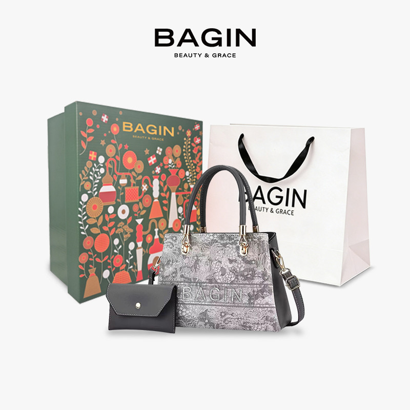 BAGIN Túi Xách Nữ Họa Tiết Hoa Văn Cao Cấp, Túi Công Sở Kèm Ví Nhỏ Thanh Lịch