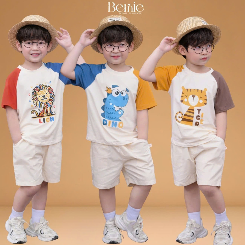 Set bộ tay ngắn bé trai áo thun cotton Animal Vui Nhộn và quần short kaki 1 đến 7t BERNIE H0226B06Đ
