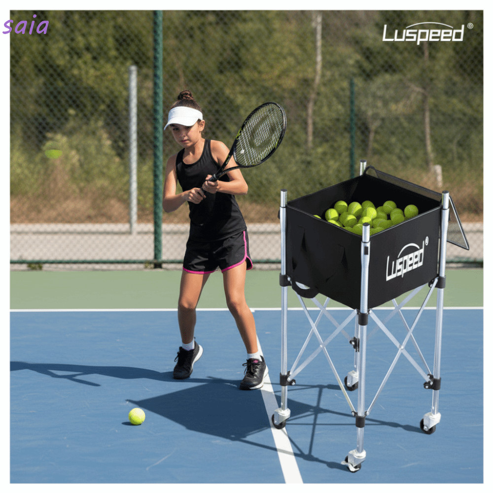 Xe đẩy bóng tennis SAIA và Luspeed, điều chỉnh độ cao, giỏ thu bóng thép không gỉ dung tích lớn