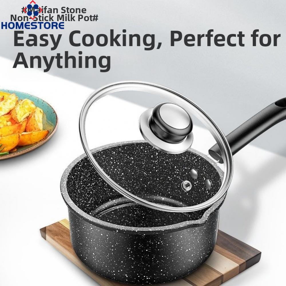 [Homestore]Non-Stick 16cm Pot with Lid 8cm Depth Black Fine Iron for Gas Electric Induction